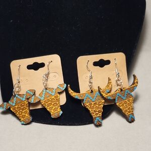 Hand Painted Wooden Bull And Cow Earrings